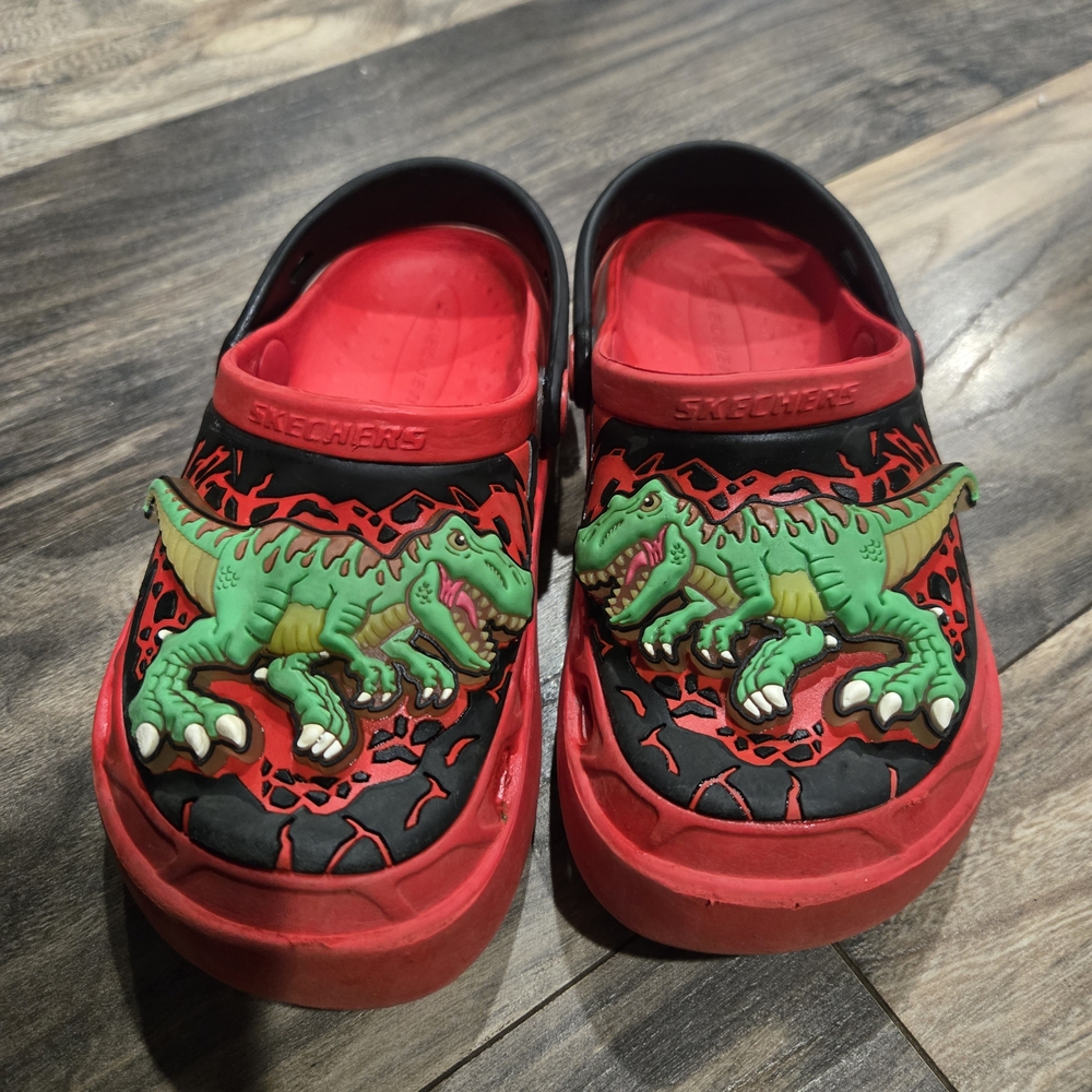 Skechers Kids' Red and Green Dinosaur Slippers